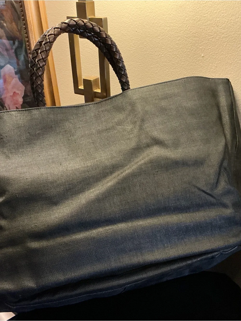 Versace Black Tote with Embossed Medusa Motif and Braided Handles
